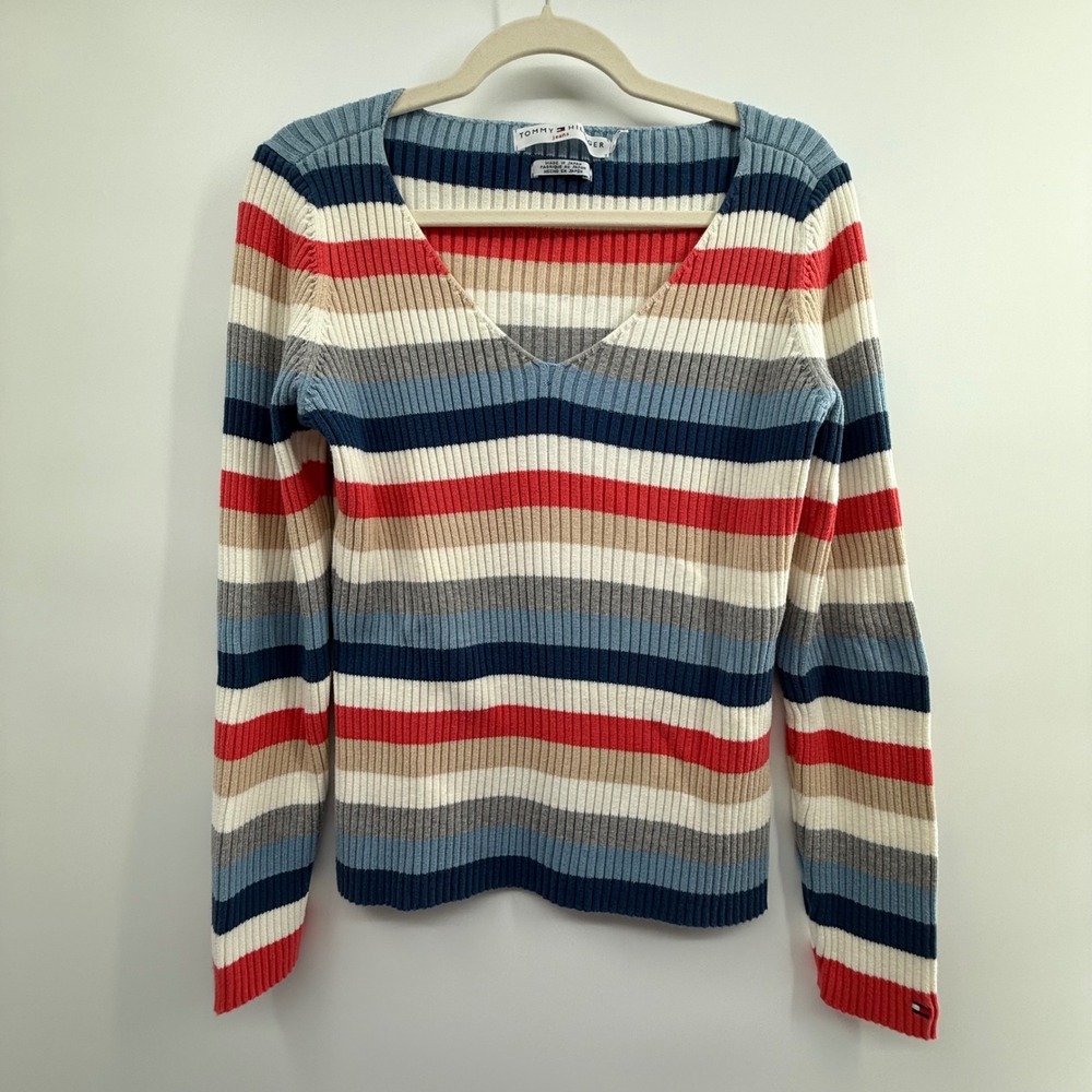 Tommy Hilfiger Jeans XL‎ Made in Japan 100% Cotton Ribbed Stripe V-Neck Sweater